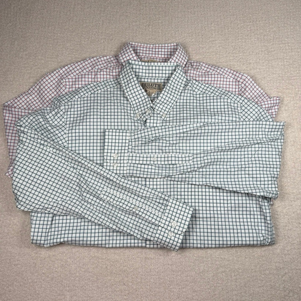 Duluth Trading Co Mens Large Lot of 2 Cotton Button Down Shirts Grn Red Plaid